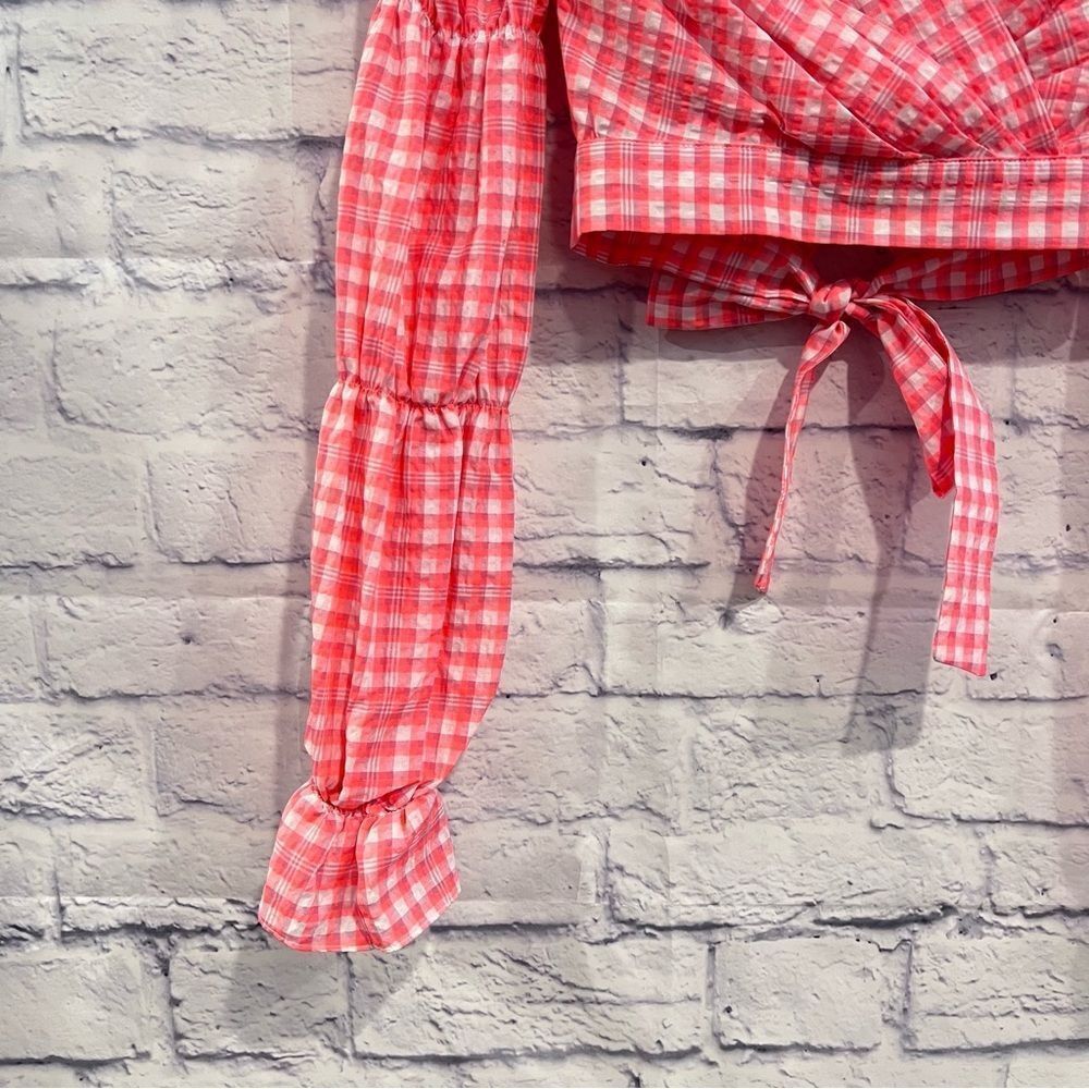 Topshop Pink & White Gingham Long Sleeve Crop‎ Top - Picture 7 of 8